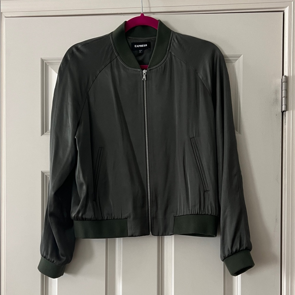 Express Small Army Green Satin Bomber Jacket